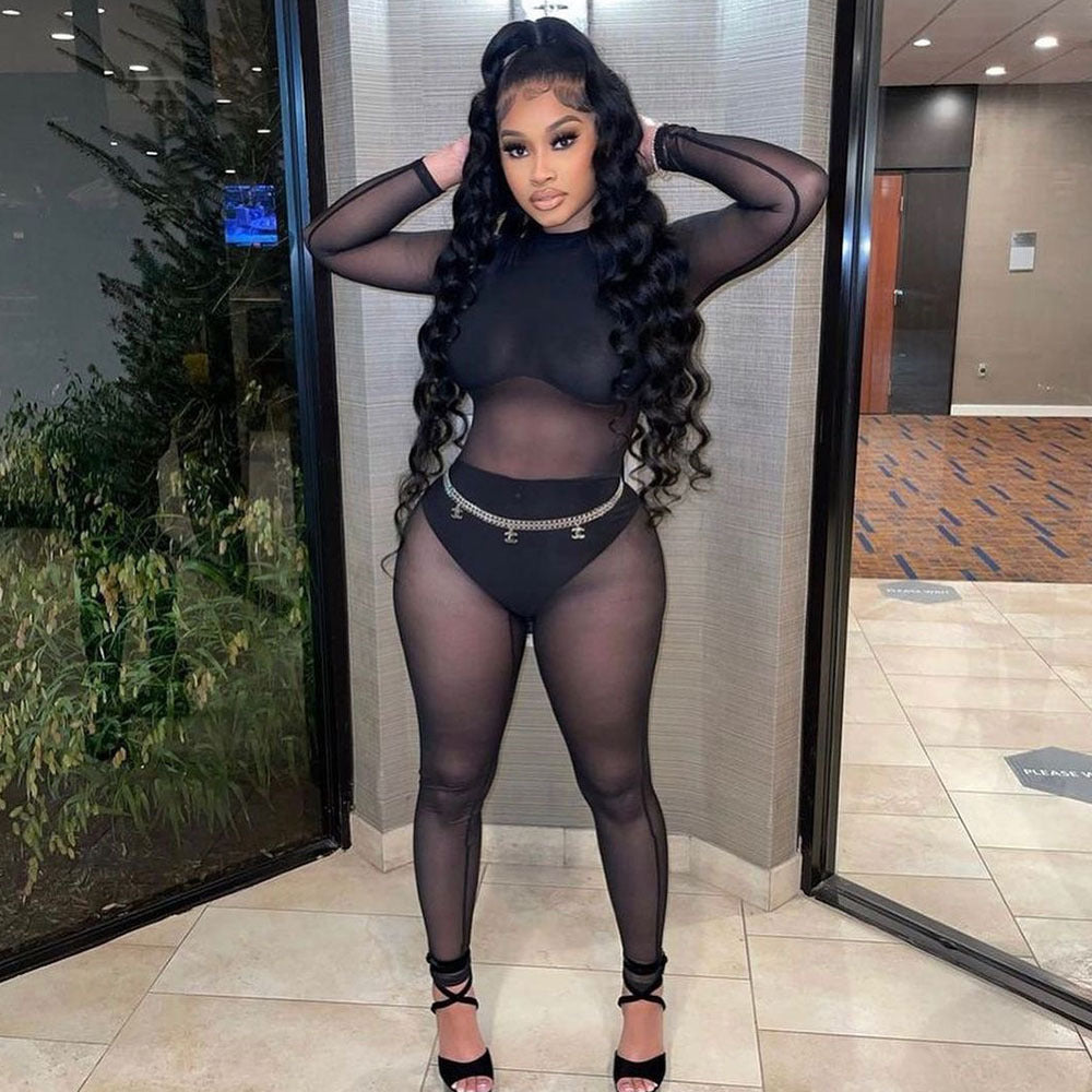 Women Mesh Stitching See-Through Jumpsuit – Black • Tight Fit • Long Trousers